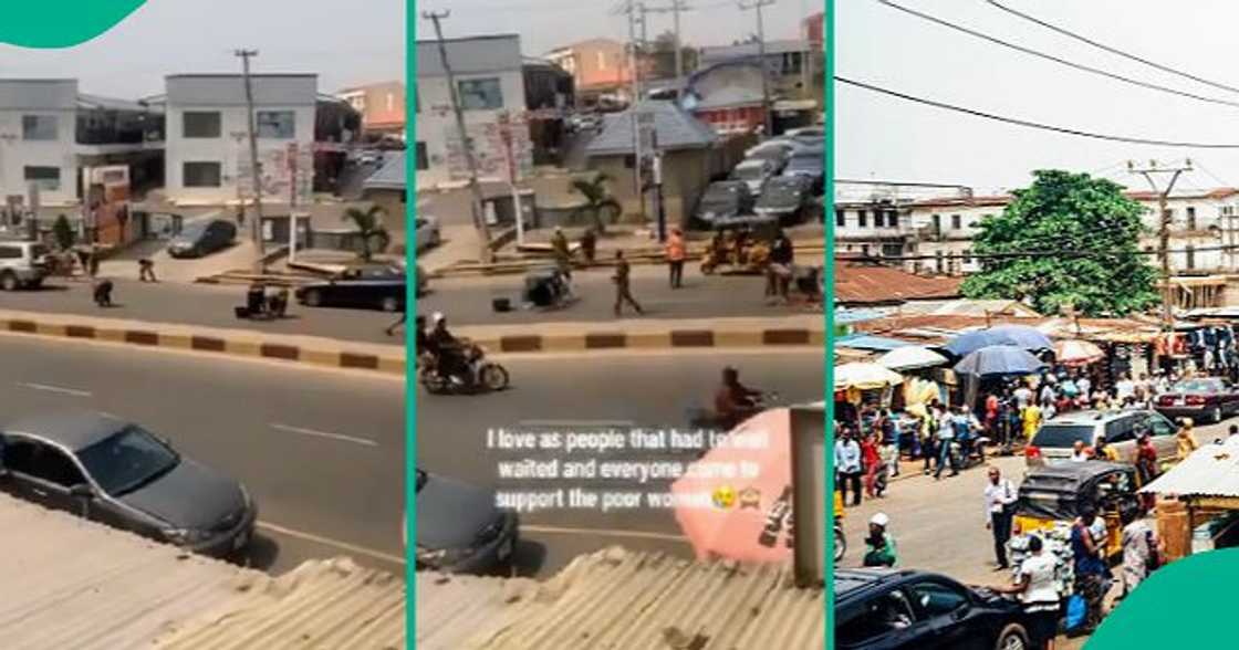 Nigerians help woman whose goods scattered on highway.