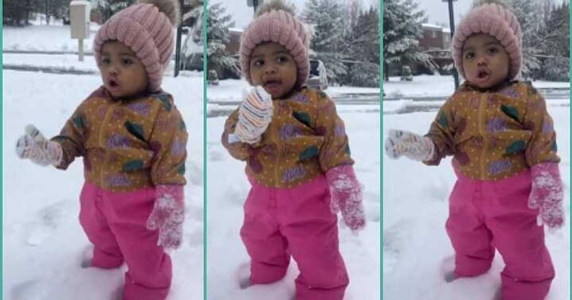 Little girl talks to snow in gibberish