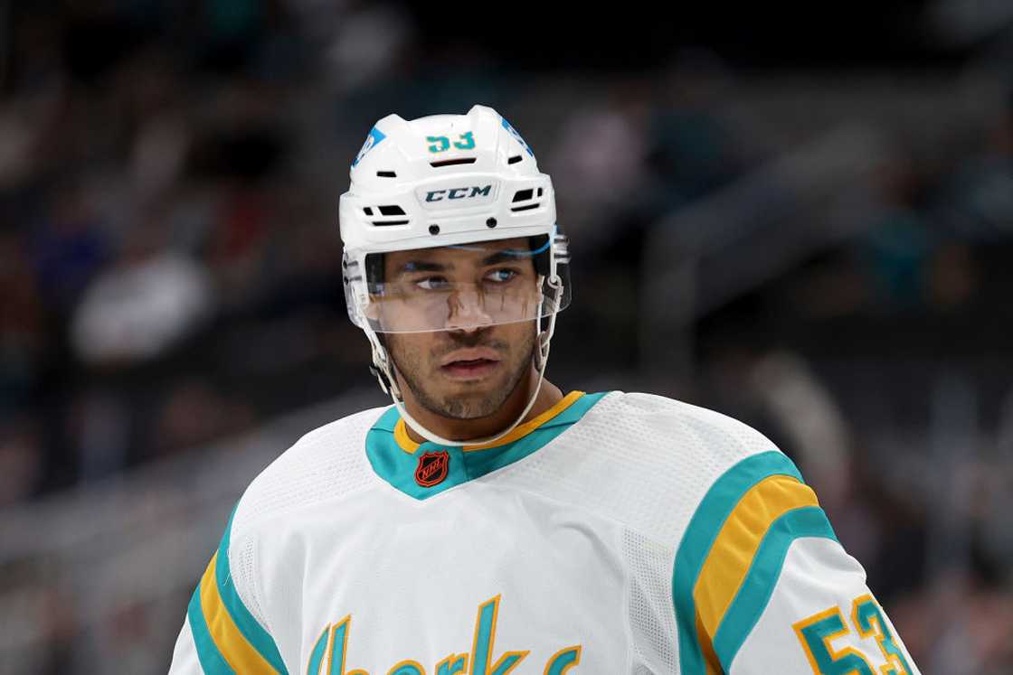 C.J. Suess waits for a face off against the Vancouver Canucks in his first game as a San Jose Shark