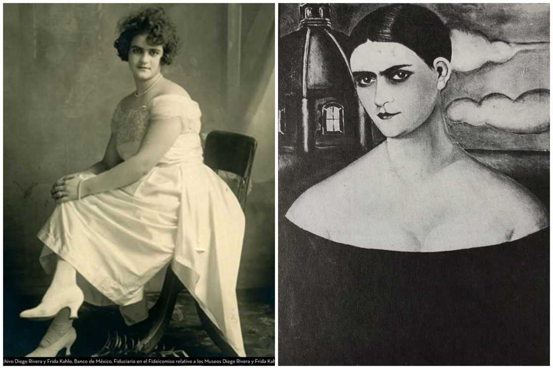 Adriana Kahlo in a white dress sits on a chair (L). A 1924 portrait of Adriana Kahlo Calderon (R) Adriana Kahlo in a white dress sits on a chair (L). A 1924 portrait of Adriana Kahlo Calderon (R)