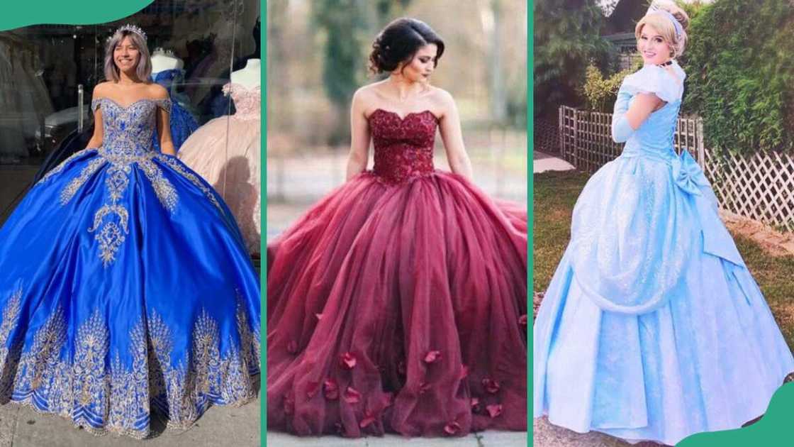 Navy blue and gold princess ball gown (L), maroon princess ball gown (C), and a light blue princess ball gown (R) Navy blue and gold princess ball gown (L), maroon princess ball gown (C), and a light blue princess ball gown (R)