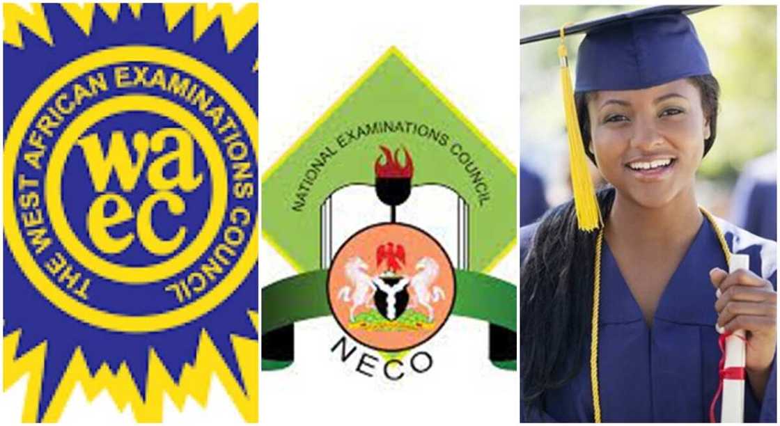 Photos of WAEC and NECO logos and black lady in graduation gown.