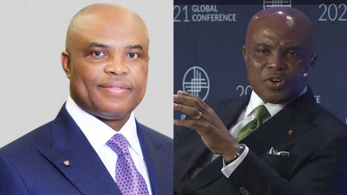 ABC Orjiako is pictured in blue and black suits ABC Orjiako is pictured in blue and black suits