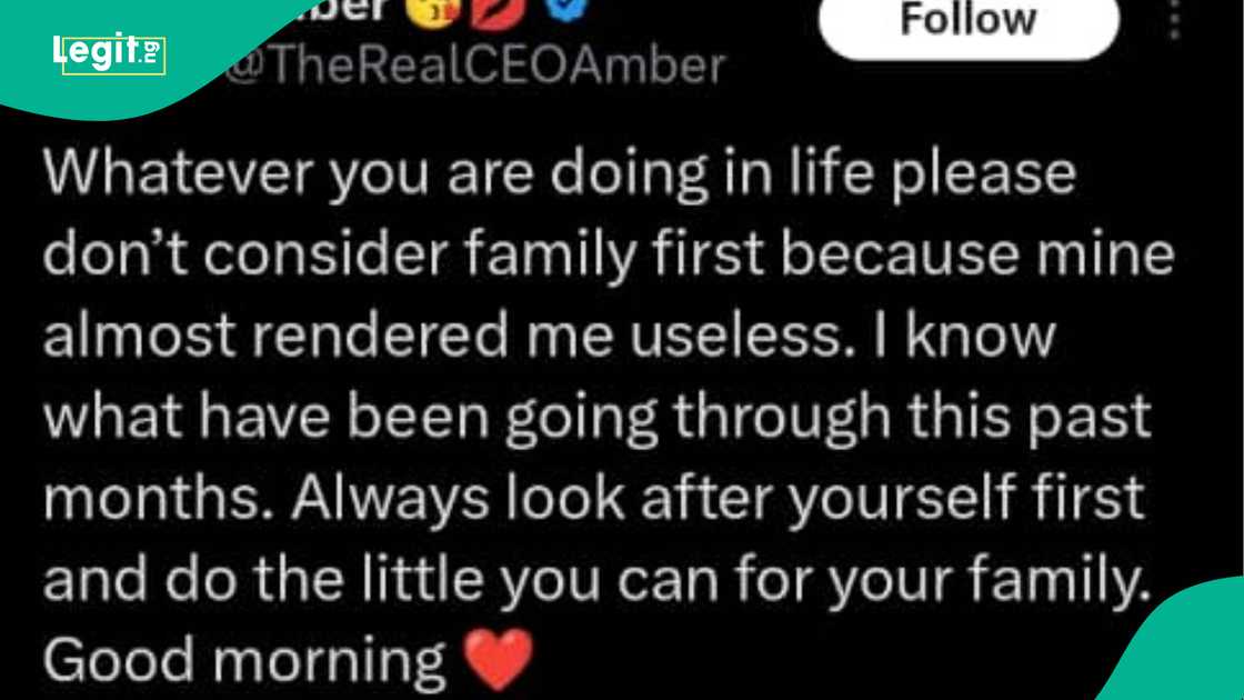 Lady shares what she is going through after puting family first.
