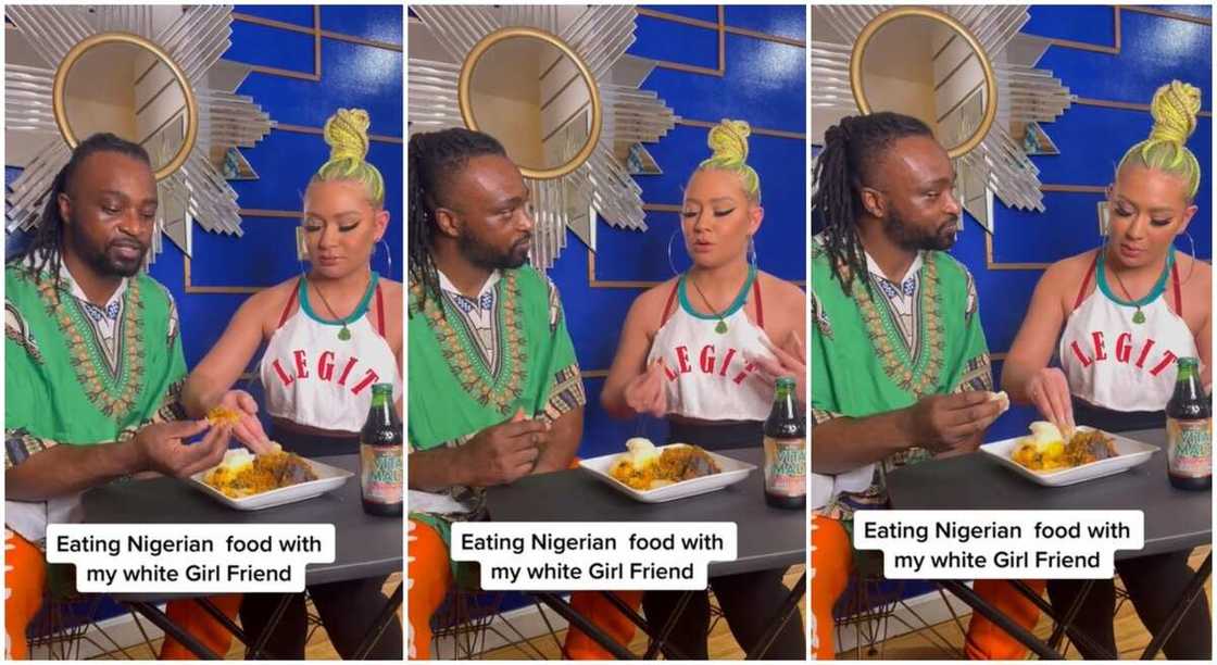 Photos of black man and white lady eating Nigerian fufu. Photos of black man and white lady eating Nigerian fufu.