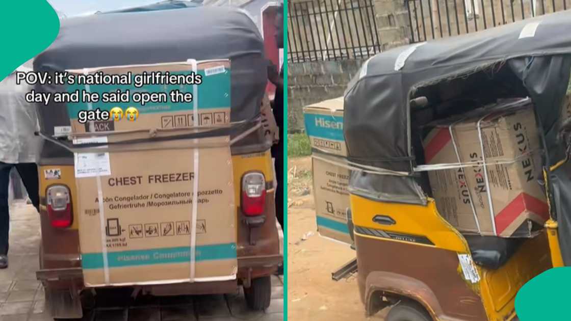 Lady shares video of household items her man bought for her being delivered. Lady shares video of household items her man bought for her being delivered.