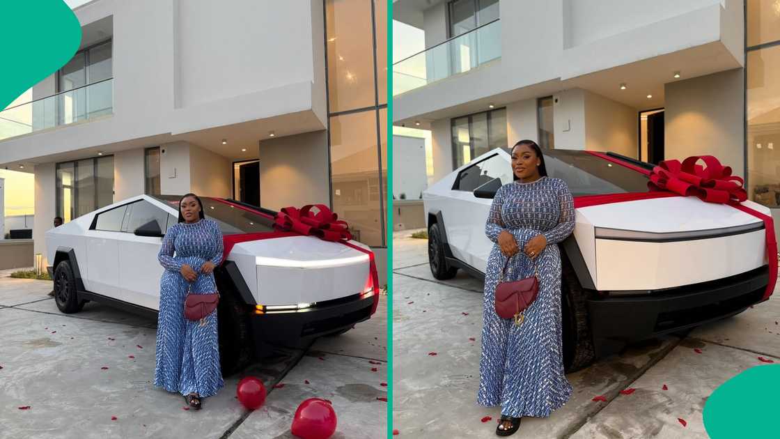 Lady poses with a new Tesla Cybertruck she bought. Lady poses with a new Tesla Cybertruck she bought.