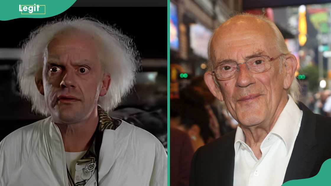 Christopher Lloyd as Doc (L) and at the Michael J. Fox Foundation gala (R) Christopher Lloyd as Doc (L) and at the Michael J. Fox Foundation gala (R)