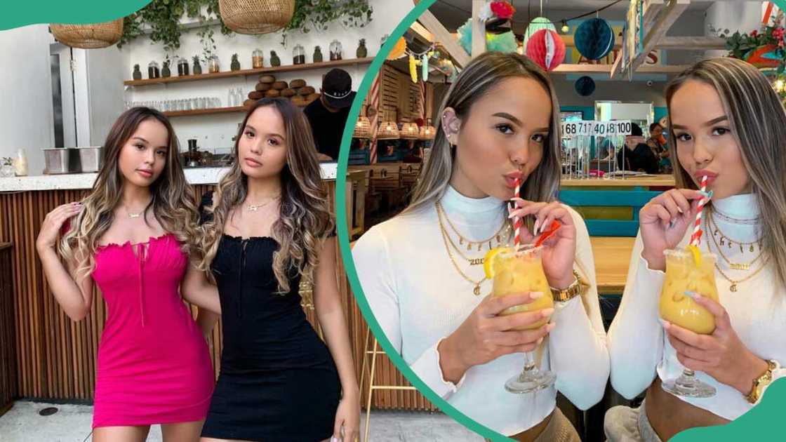 The Connell Twins in red and black dress in front of a restaurant (L). Sipping drinks (R) The Connell Twins in red and black dress in front of a restaurant (L). Sipping drinks (R)