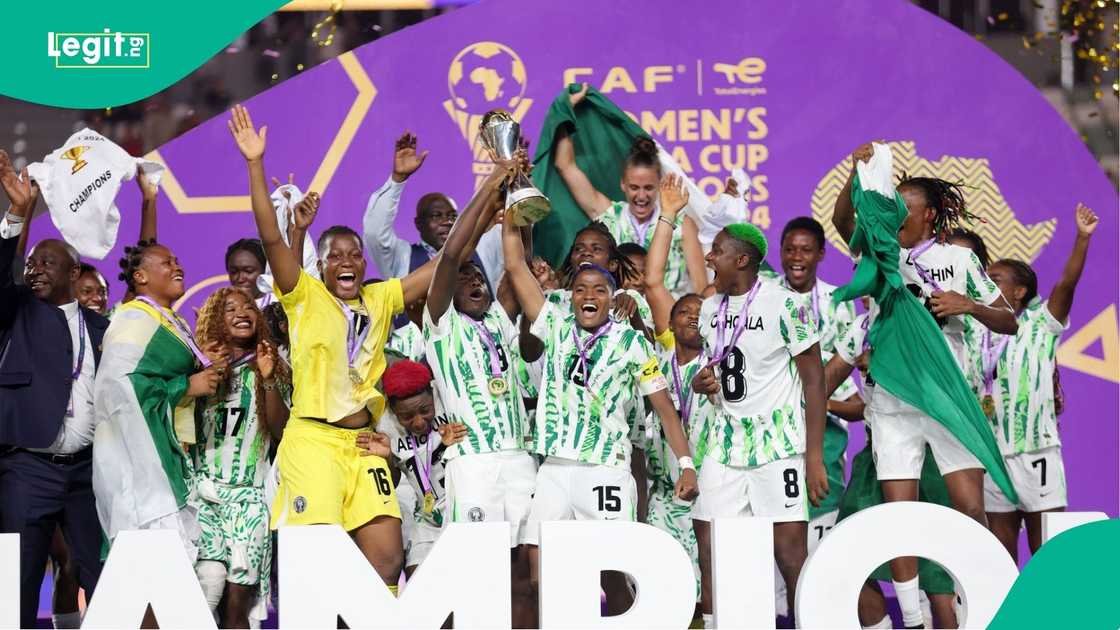 The Super Falcons hold up their trophy in triumph, following a hard-fought WAFCON final against Morocco. The Super Falcons hold up their trophy in triumph, following a hard-fought WAFCON final against Morocco.