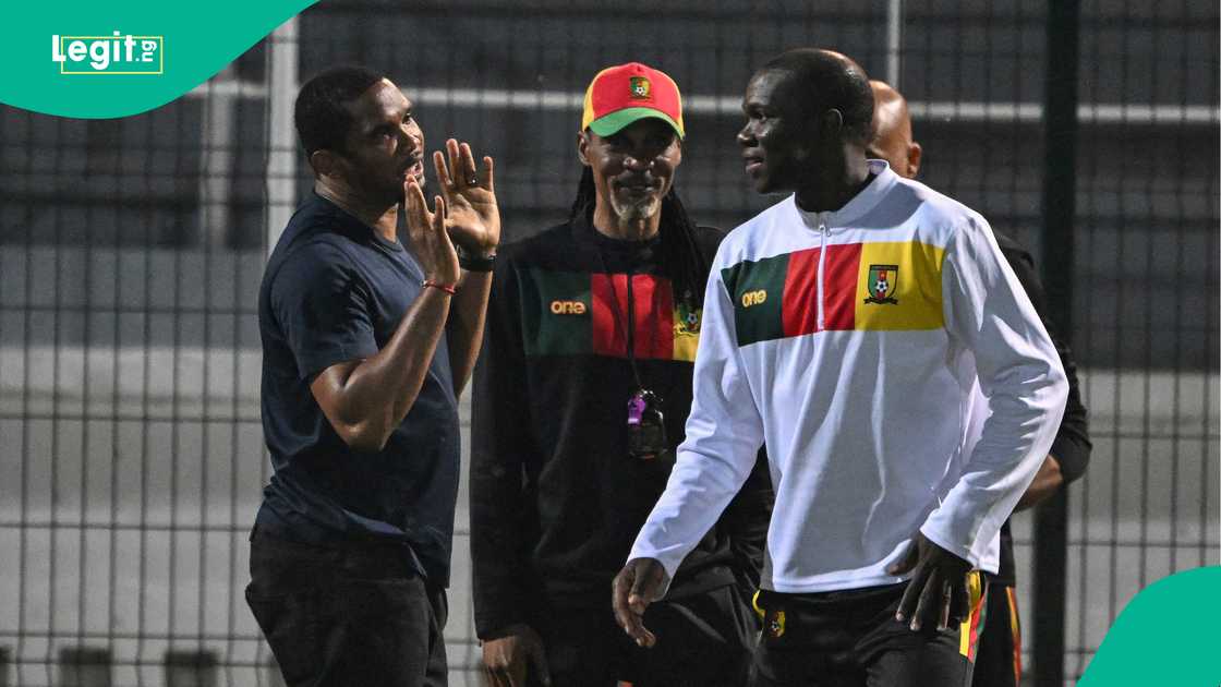 Samuel Eto'o, Rigobert Song, Vincent Aboubakar, Cameroon, Nigeria, AFCON 2023. Samuel Eto'o, Rigobert Song, Vincent Aboubakar, Cameroon, Nigeria, AFCON 2023.