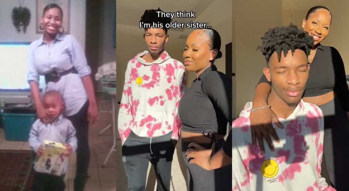 Photos of a young-looking mother and her grown son. Photos of a young-looking mother and her grown son.