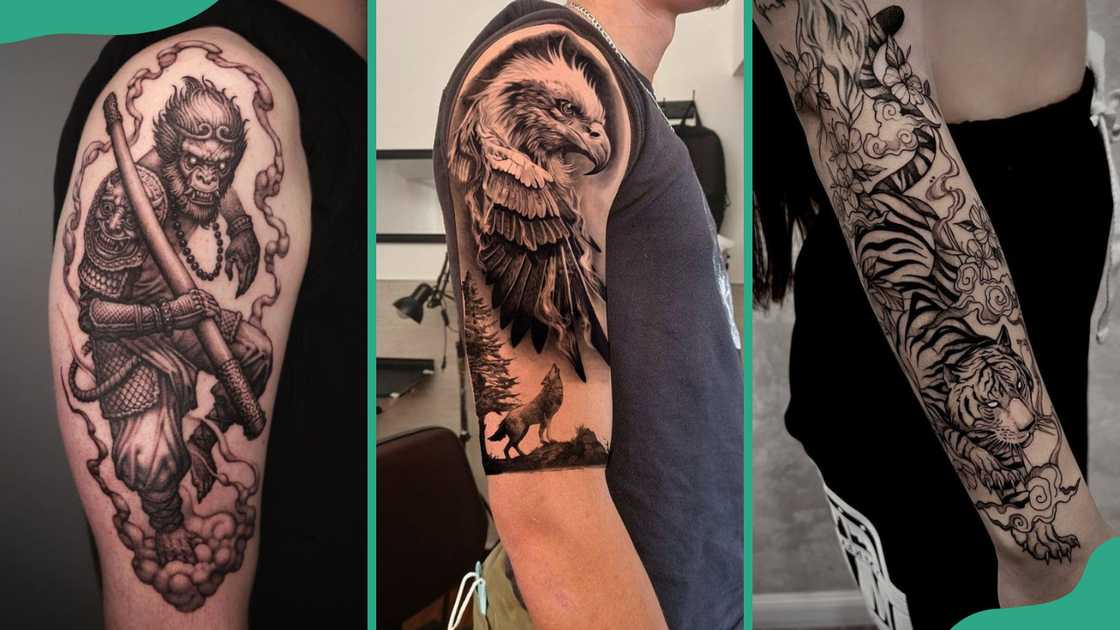 Monkey (L), eagle (C), and tiger (R) tattoos Monkey (L), eagle (C), and tiger (R) tattoos