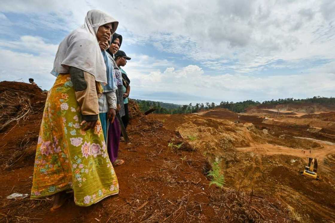 Royani (L) and others stand on their family land as they watch a nickel mining operation on Wawonii