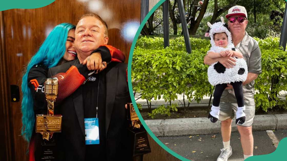 Karol G putting her arms around her father who is holding awards (L). Karol G's father Guillermo Giraldo holding his grandchild (R). Karol G putting her arms around her father who is holding awards (L). Karol G's father Guillermo Giraldo holding his grandchild (R).