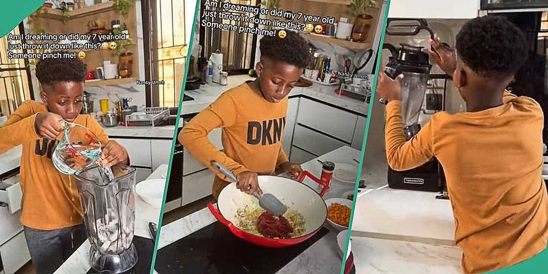 Nigerian boy cooks coconut pasta