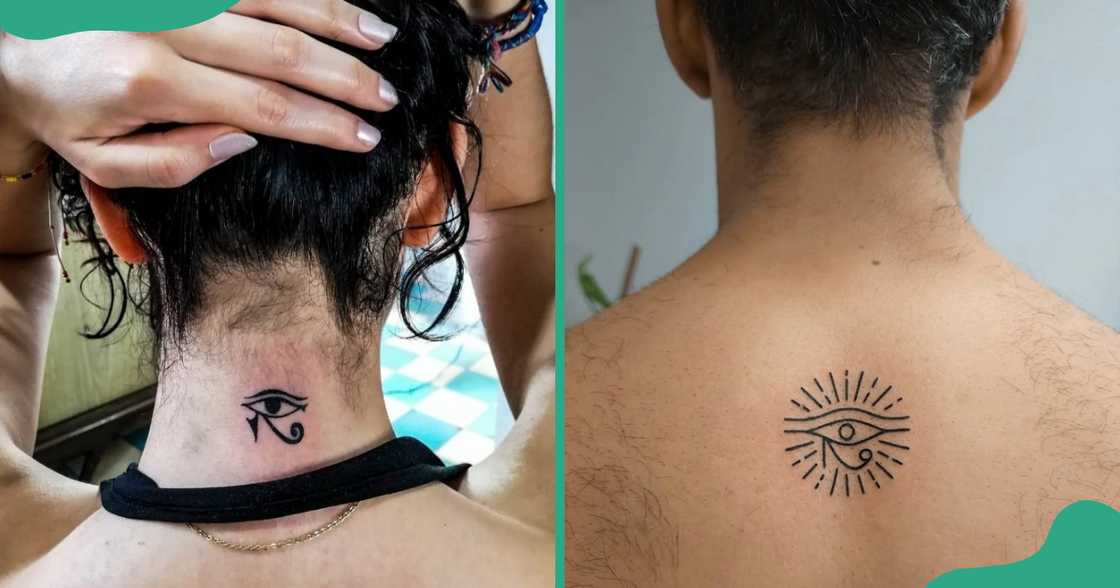 Minimalist Eye of Horus tattoos on the nape and the upper back. Minimalist Eye of Horus tattoos on the nape and the upper back.
