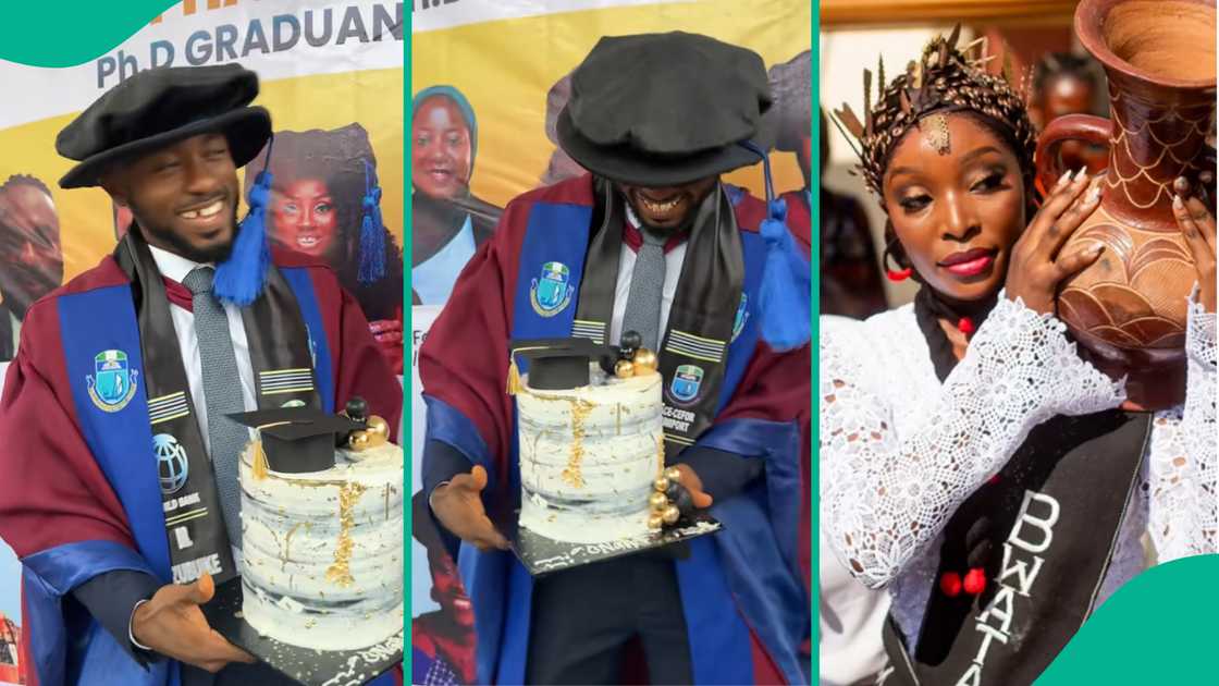 Man appreciates wife for giving him a cake during his graduation.