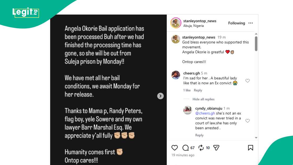 Stanley Ontop reveals Angela Okorie's bail application has been completed. Stanley Ontop reveals Angela Okorie's bail application has been completed.