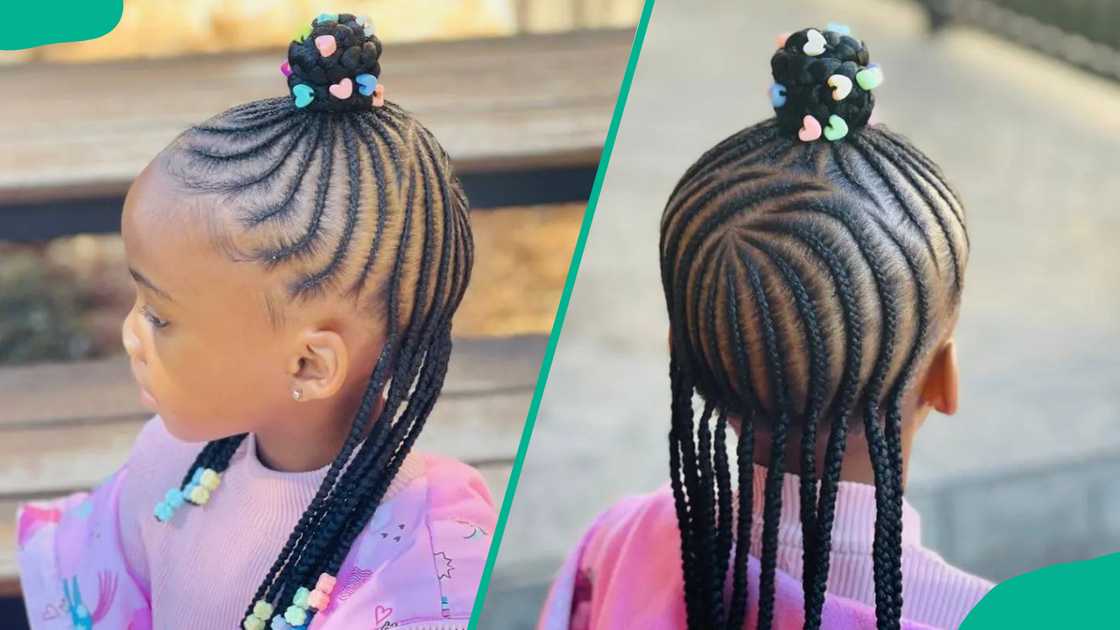 A girl wearing Updo cornrows with colored beads A girl wearing Updo cornrows with colored beads