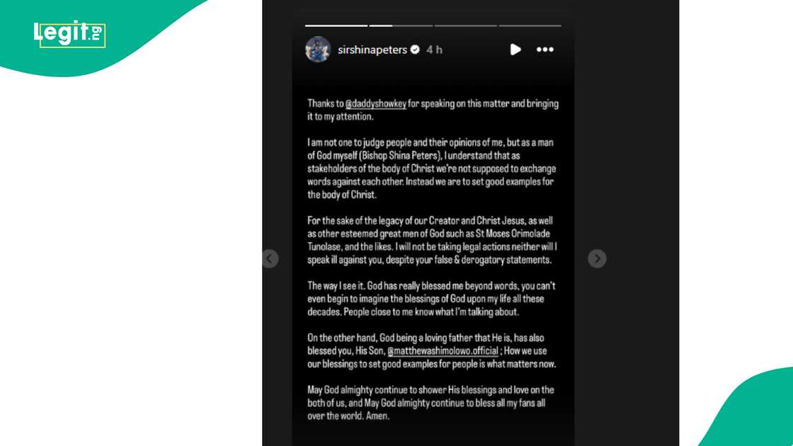 Sir Shina Peters shares why he wouldn't take legal action against Pastor Matthew Ashimolowo following the controversial comparison to Jim Ovia. Sir Shina Peters shares why he wouldn't take legal action against Pastor Matthew Ashimolowo following the controversial comparison to Jim Ovia.