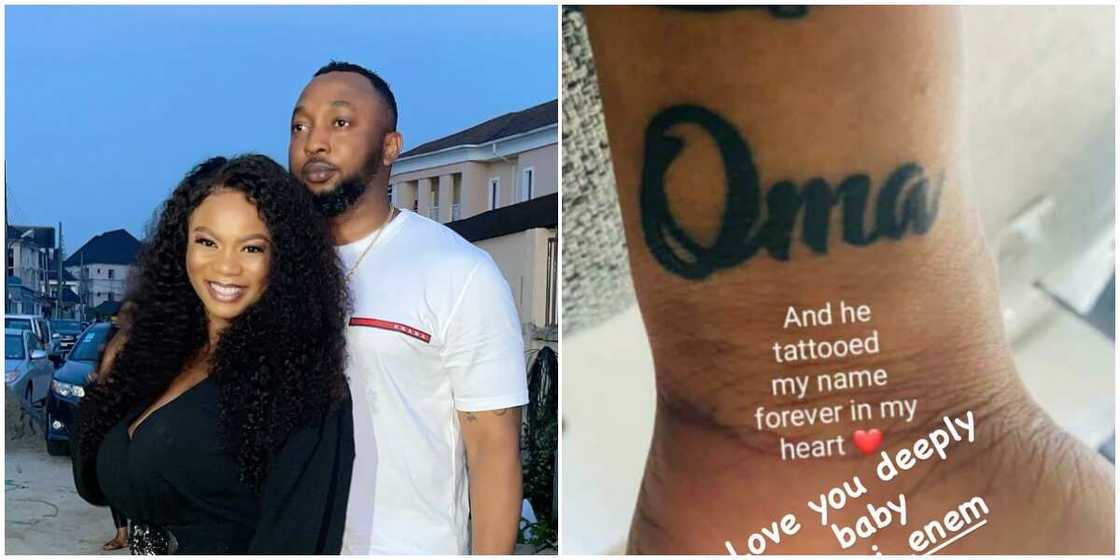 Nollywood's Oma Nnadi's hubby tattoos her name. Nollywood's Oma Nnadi's hubby tattoos her name.