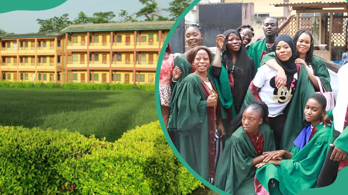 A view of the Grace Polytechnic building (L) and graduates posing for a photo (R)