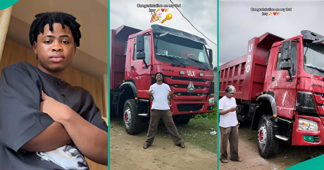 A young Nigerian man shows off the new truck he bought as his third ride A young Nigerian man shows off the new truck he bought as his third ride