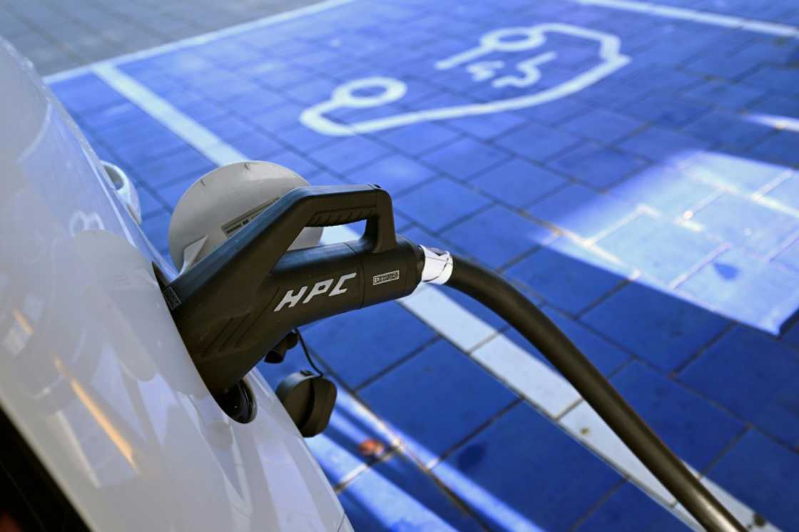 A charger socket attached to an electric car at a charging station in Kamen, western Germany