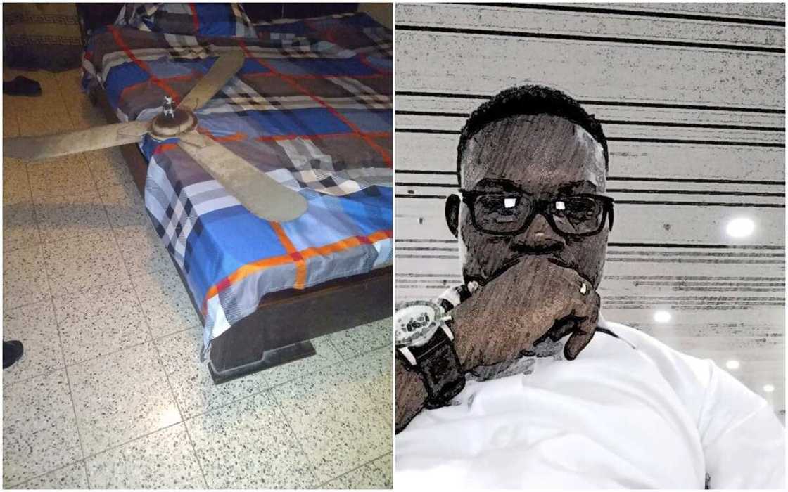 The ceiling fan falls on Ifeanyi David Odiaka's bed, he escapes by the whiskers The ceiling fan falls on Ifeanyi David Odiaka's bed, he escapes by the whiskers