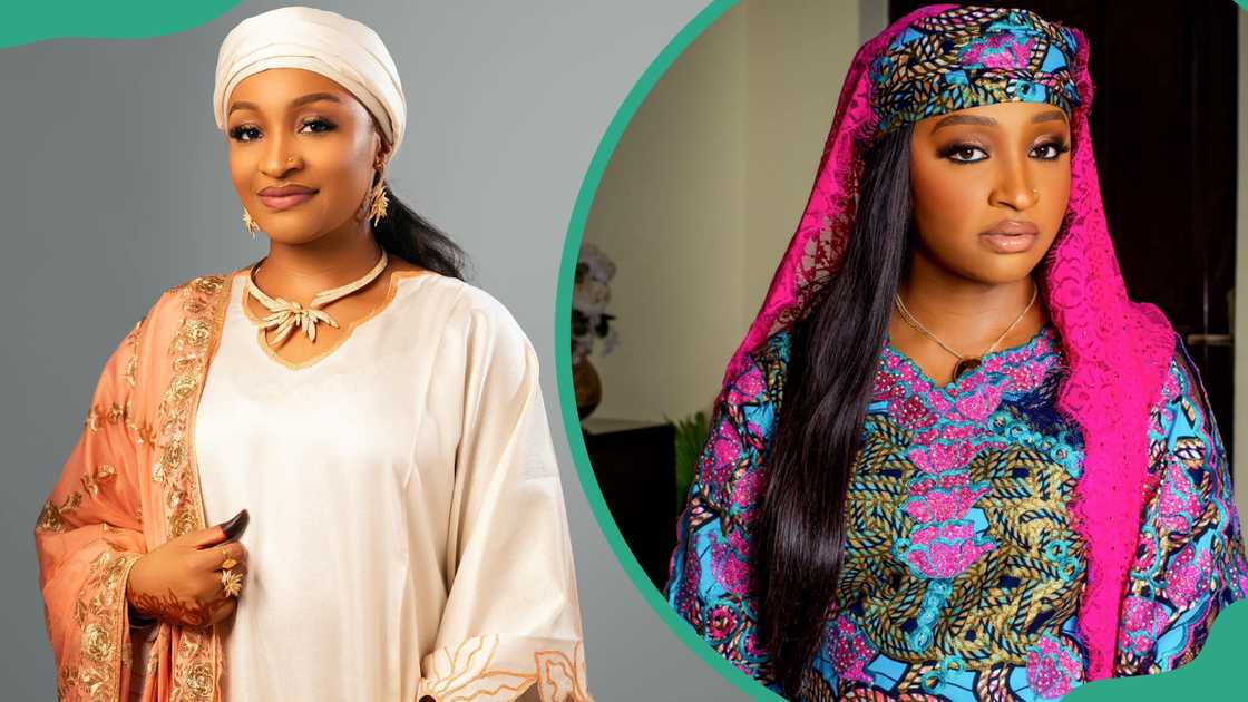 Rahama Sadau posing for a picture in a white and brown outfit (L). Rahama Sadau indoors (R).