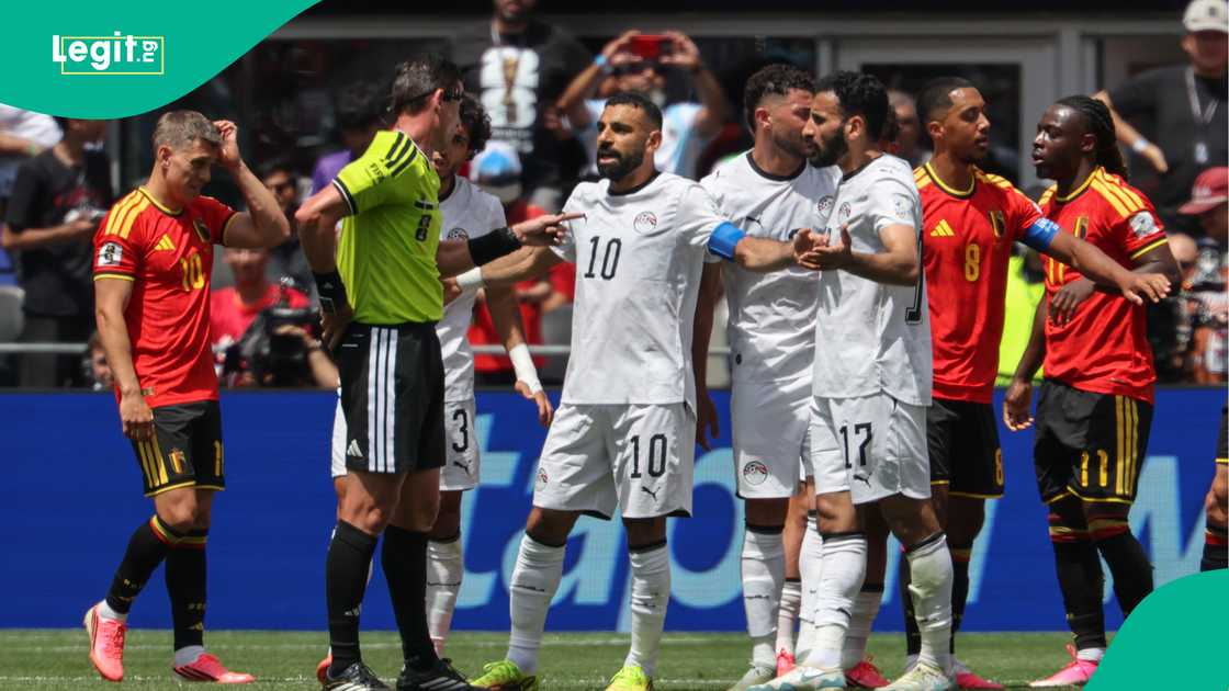Mohamed Salah argues a call during the FIFA World Cup 2026 Group G match between Belgium and Egypt. Photo by Al Sermeno Mohamed Salah argues a call during the FIFA World Cup 2026 Group G match between Belgium and Egypt. Photo by Al Sermeno