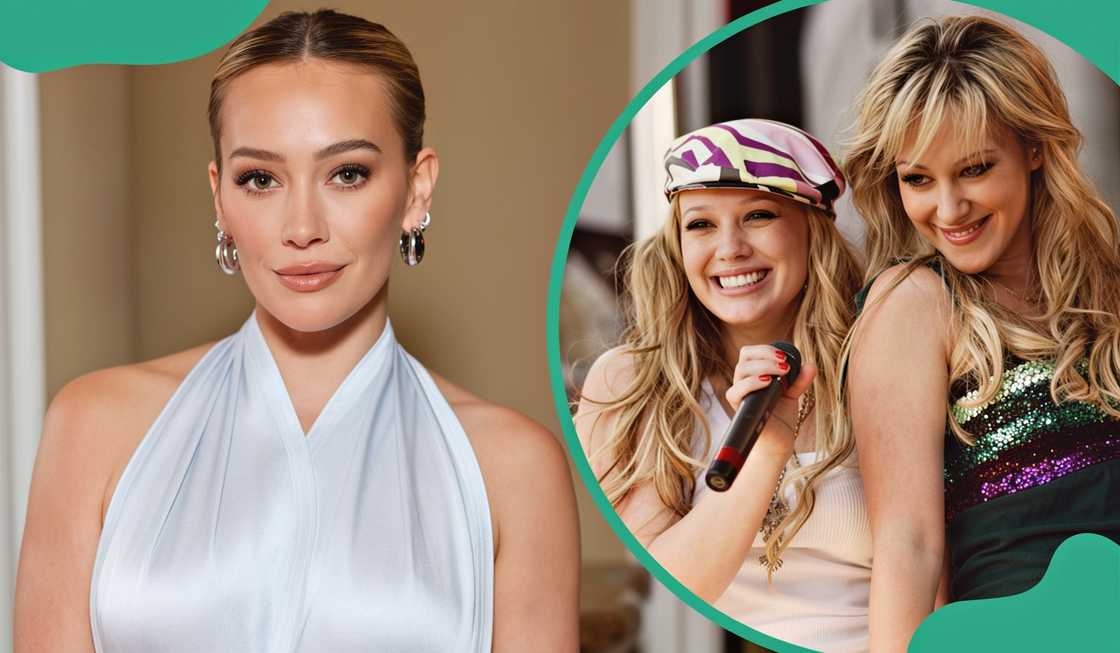 Hilary Duff poses in a white gown and she holds a microphone while performing with Haylie.