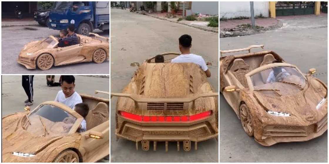 Man builds a Bugatti out of wood for his son, rides the car on the road alongside real cars in viral video Man builds a Bugatti out of wood for his son, rides the car on the road alongside real cars in viral video