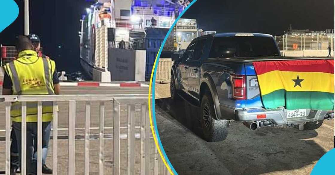 Photo of check point and car with a Ghana flag