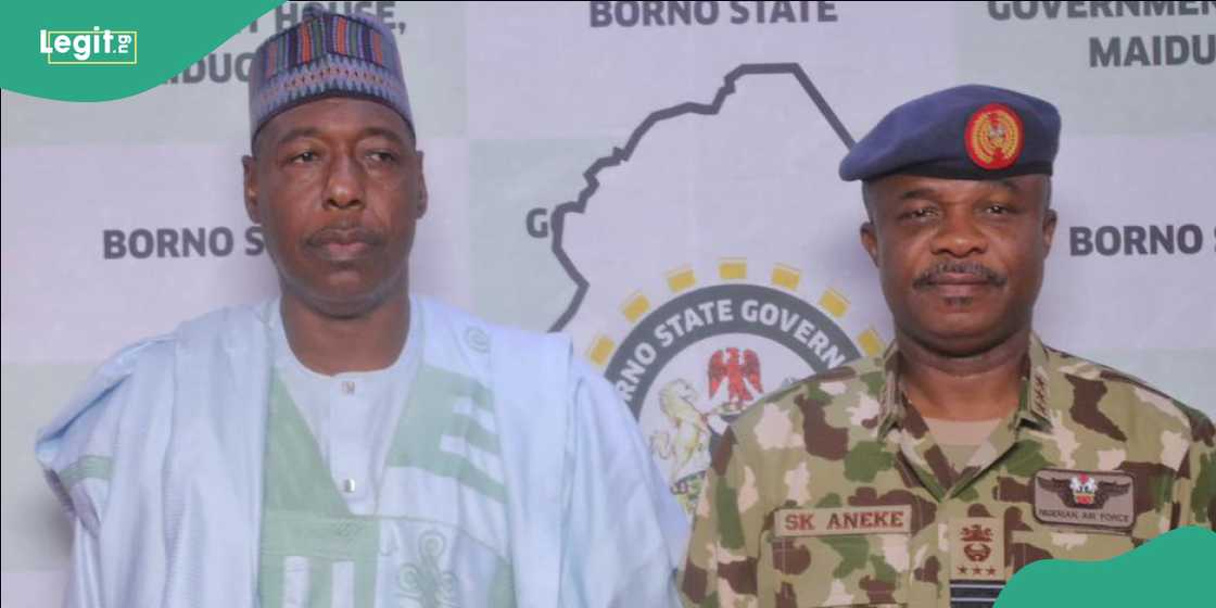 Air Marshal Sunday Aneke discusses security operationswith Babagana Zulum during the visit Air Marshal Sunday Aneke discusses security operationswith Babagana Zulum during the visit