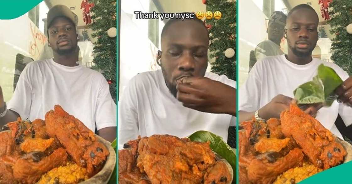In a viral TikTok video, a corps member enjoys a sumptuous meal after receiving N77k allawee facilitated by President Bola Tinubu's government. In a viral TikTok video, a corps member enjoys a sumptuous meal after receiving N77k allawee facilitated by President Bola Tinubu's government.