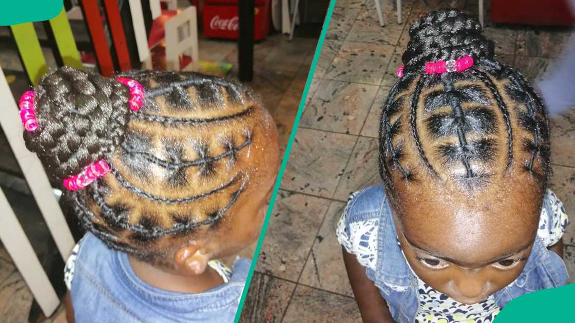 Cornrows and connected braids with a pink-beaded bun extension