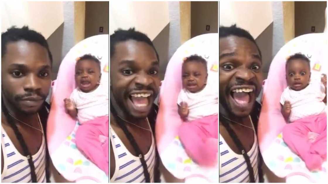 See how this man used his own crying to scare ths baby, keep her quiet