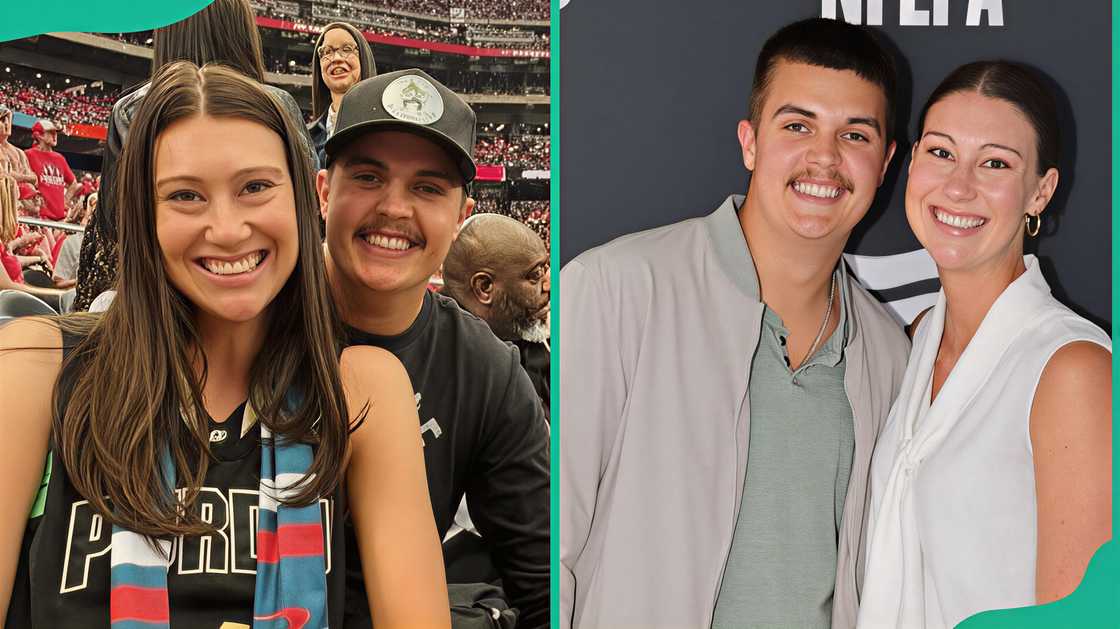 Aidan O'Connell and his wife Jael posing at a football game and posing at the NFLPA Rookie Premier
