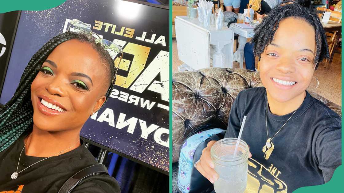 Big Swole during an AEW match (L) and at a restaurant (R)