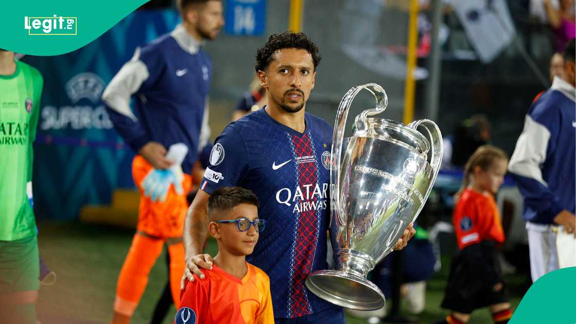 Marquinhos, Lucas Chevalier, PSG, Tottenham Hotspur, UEFA Super Cup, Stadio Friuli, Udine. Marquinhos, Lucas Chevalier, PSG, Tottenham Hotspur, UEFA Super Cup, Stadio Friuli, Udine.