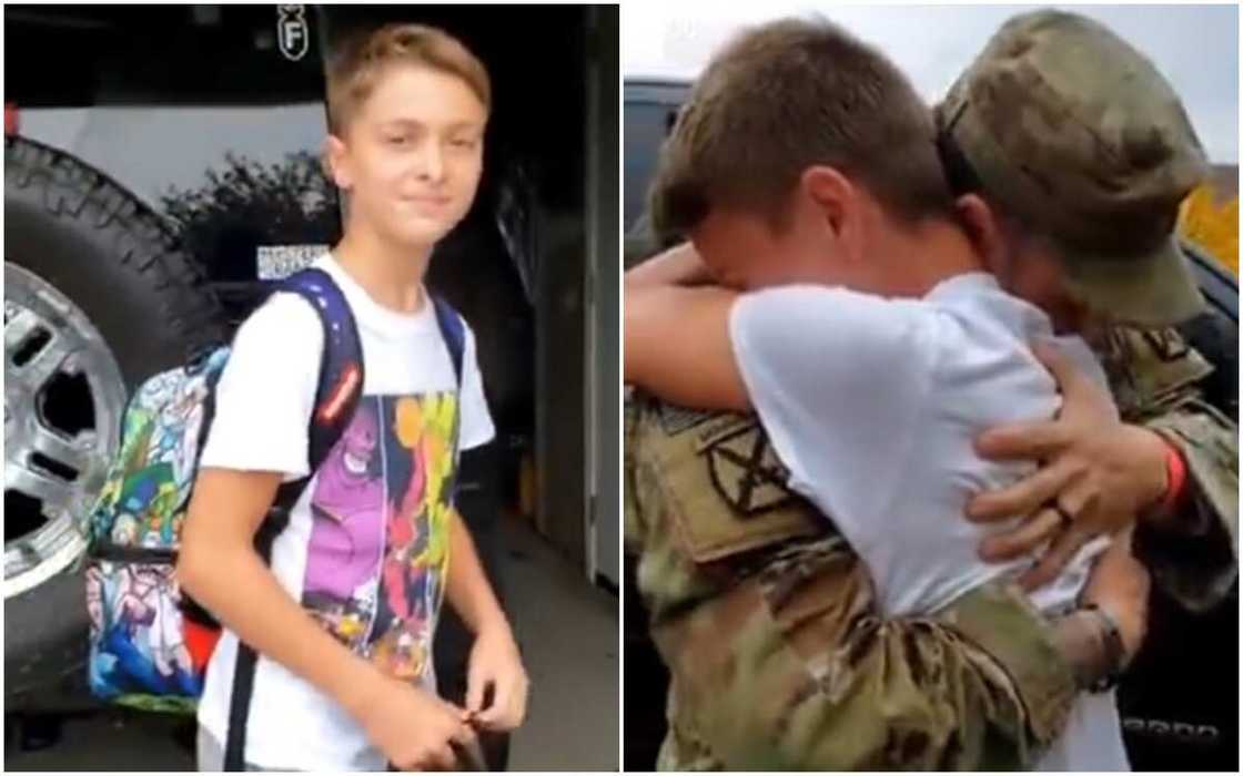 Son reunites with father who is a soldier Son reunites with father who is a soldier