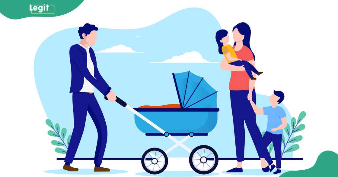 An illustration of a father with a stroller and a mother holding children against a blue background.