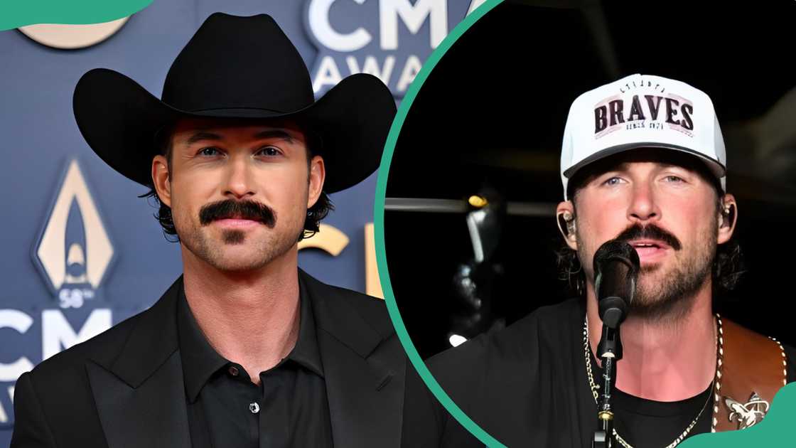 Riley Green poses at The 58th Annual CMA Awards (L). The singer performs onstage during his "Ain't My Last Rodeo" tour (R) Riley Green poses at The 58th Annual CMA Awards (L). The singer performs onstage during his "Ain't My Last Rodeo" tour (R)