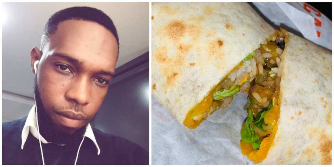 Rice inside shawarma? Nigerians react to strange looking shawarma an online vendor delivered a guy Rice inside shawarma? Nigerians react to strange looking shawarma an online vendor delivered a guy