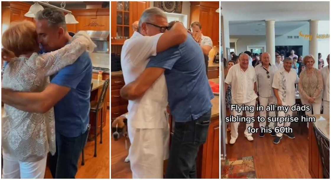 Photos of 60-year-old man hugging his 9 siblings on his birthday party. Photos of 60-year-old man hugging his 9 siblings on his birthday party.