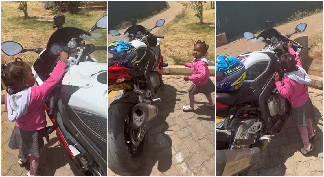 Photos of a little girl touching a power bike.