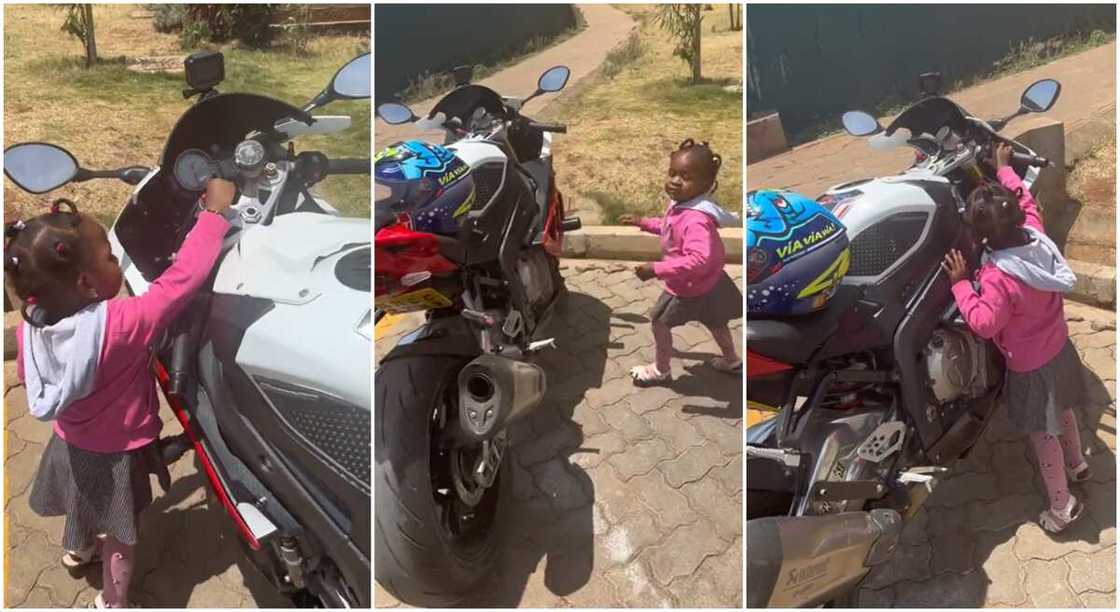 Photos of a little girl touching a power bike. Photos of a little girl touching a power bike.