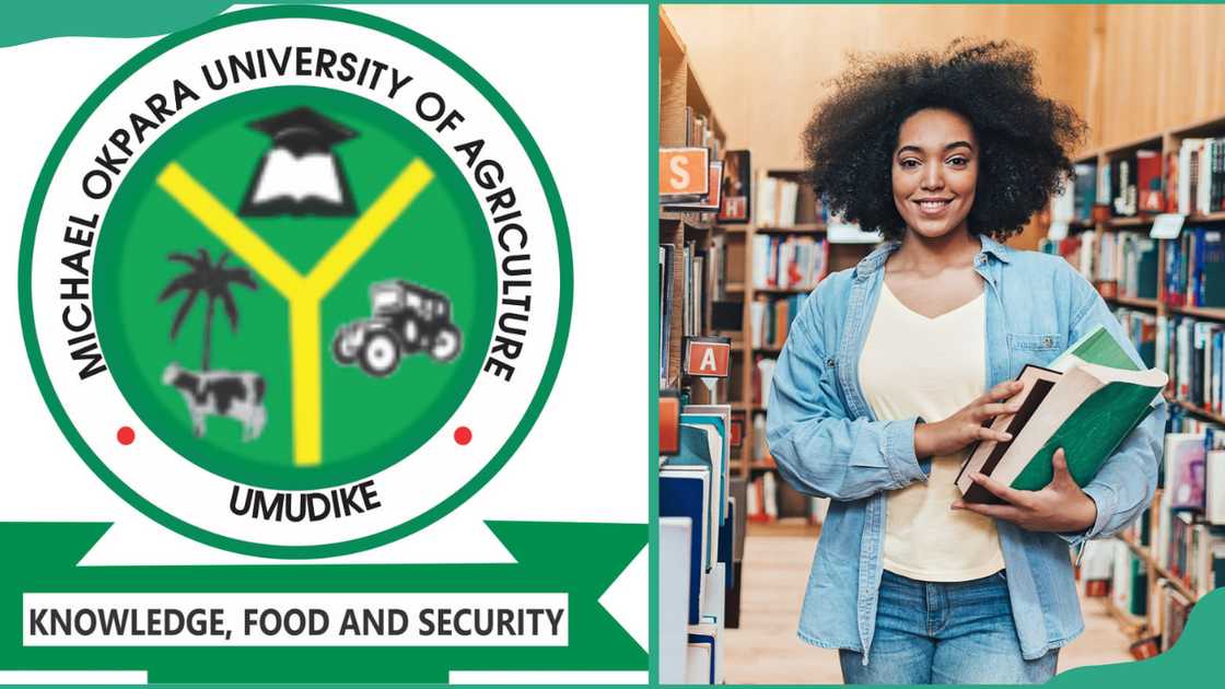 MOUAU logo (L). A student in a library (R) MOUAU logo (L). A student in a library (R)